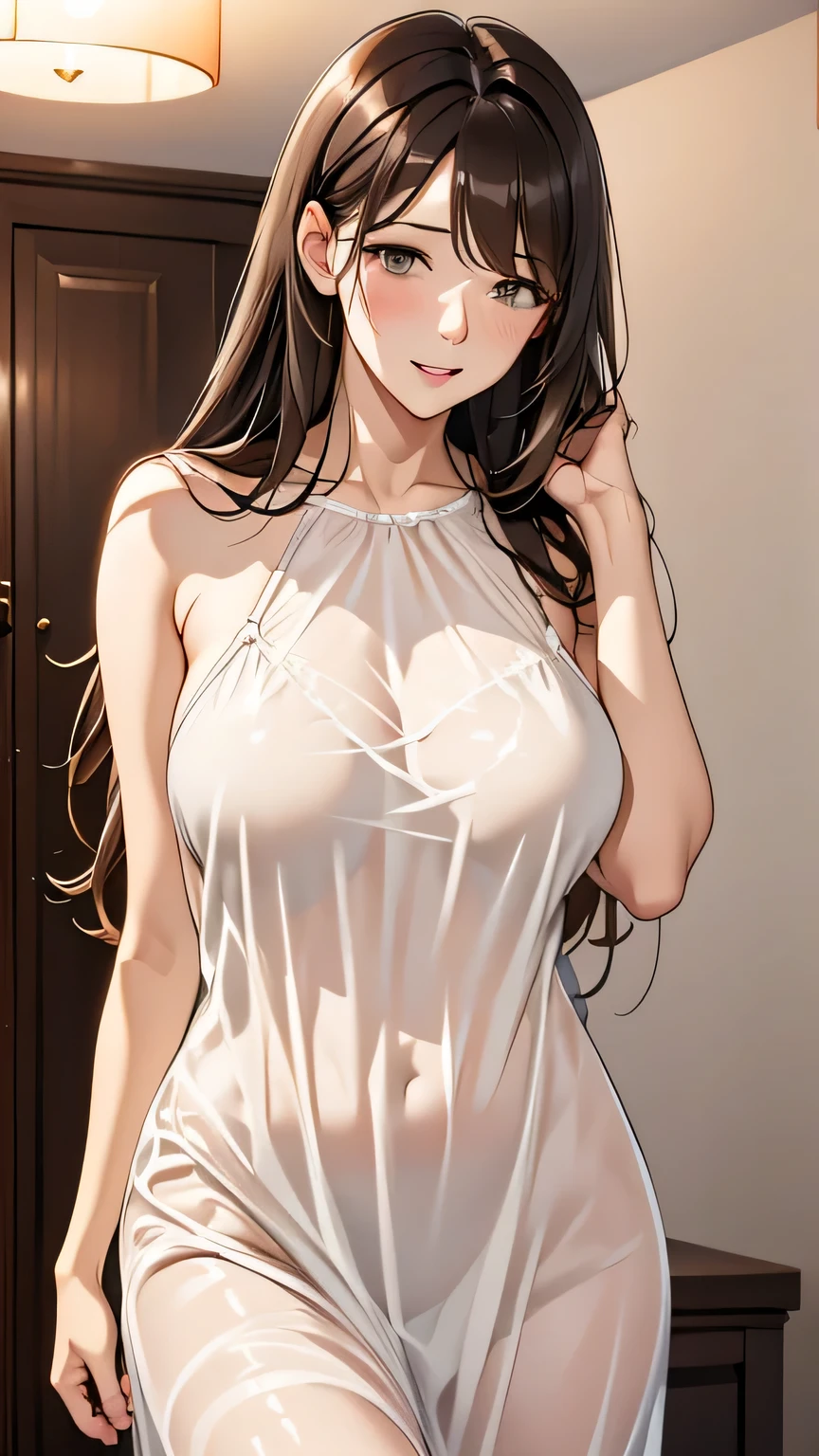  adult woman laughing、 tall、Adult face、Shy expression、blush、White nightgown、Half-open eyes、Dark brown hair、 Ultra High Definition、anime