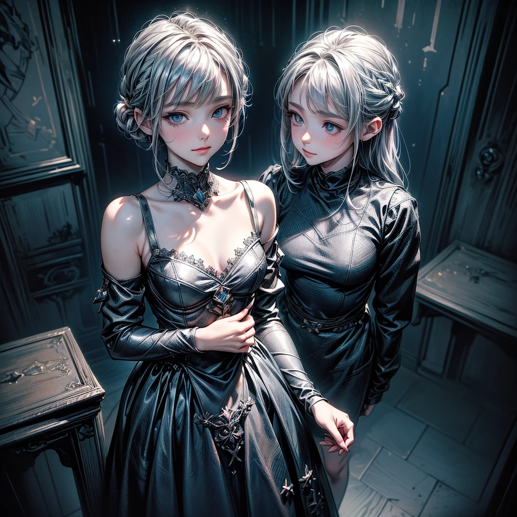 (((yuri))), (((2 girls))), ((evening dress:, strapless)), absurdres, RAW photo, extremely delicate and beautiful, masterpiece, Best Quality, ultra high resolution, 32k, hyperrealistic, ultra-detailed, detailed description, perfect anatomy, pale skin, 20 years old, detailed beautiful face and eyes, tearful mole, earring, short medium hair, wavy hair, random colored hair, whole body shot, colossal tits, 
