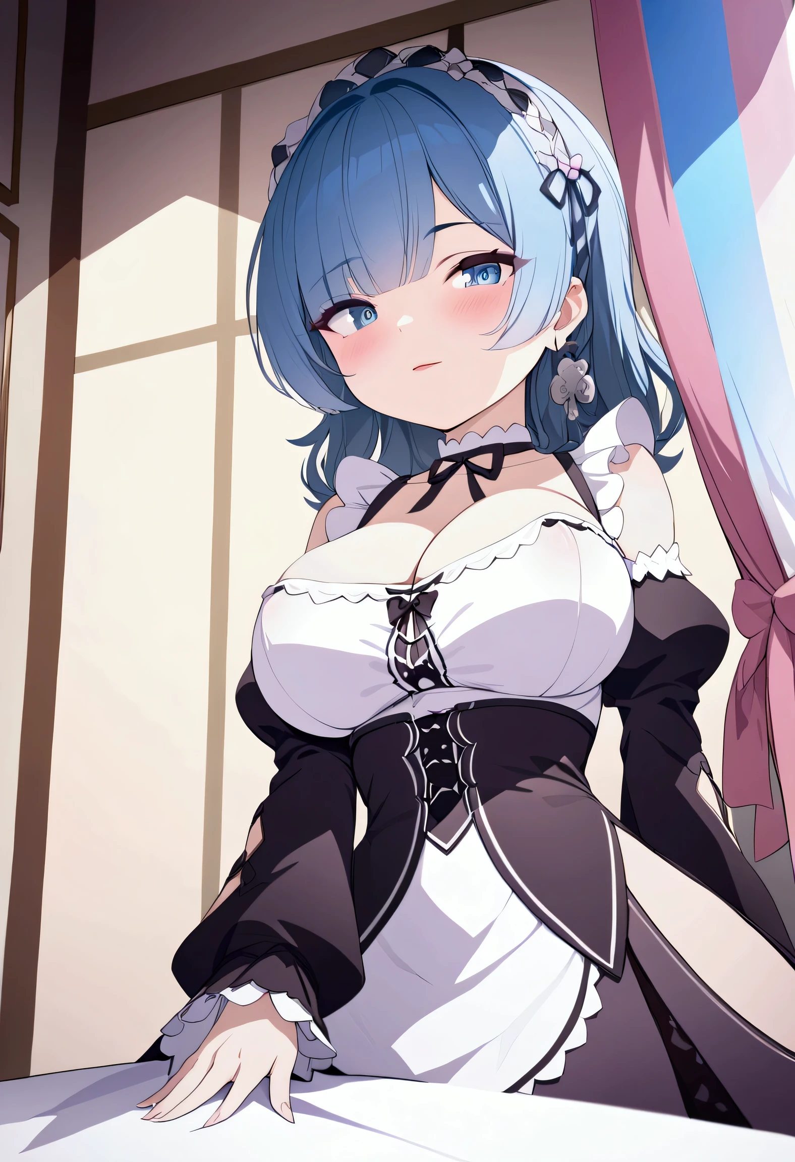 (( masterpiece ,  Best quality :1.3)), ultra detailed,  8k unity wallpapers , CG,  ray tracing , illustration, striking, cinematic shadow, Extremely detailed and beautiful background, extremely detailed and beautiful eyes , HD video , VRay shading ,RT, 1milf, (mature body)   a character with short blue hair with bangs ,  wearing a black and white maid outfit with ruffles on the edges .  The character has purple accents on the bottom of the skirt and a matching bow on the back .  The outfit includes a white apron tied at the front , puffed sleeves and a collar with a bow .  The character is standing in a pose with one hand raised as if he were holding something and wearing something black shoes.  The background is simple to emphasize the character .( big breasts),(wide waist)