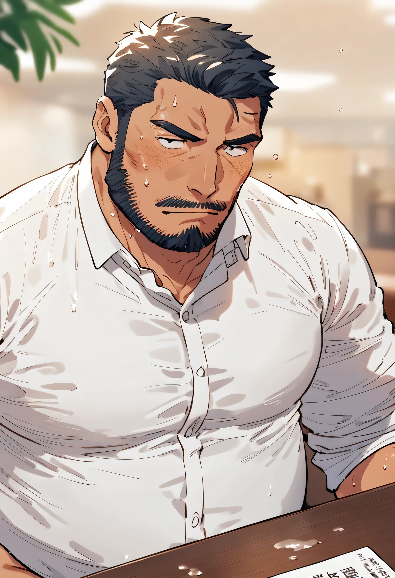 male，fat， businessman in a cafe， white business shirt，A small amount of sweat stain，Short Hair， looking at the camera，Forty years old，Dad smelly ， office，alone，Beard