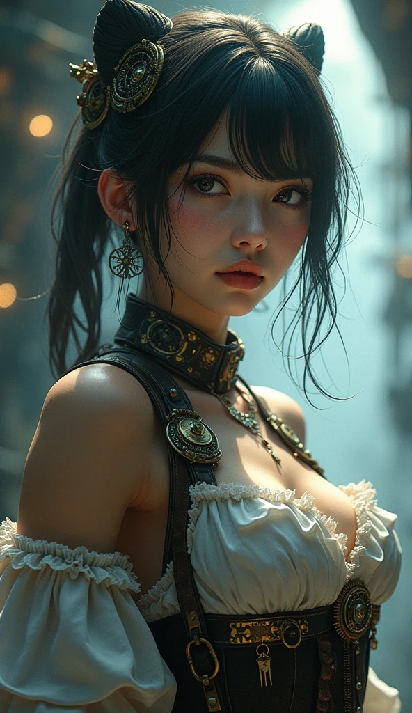 Black and white portrait of a young Gothic lolita, Estilo Grimdark, Woman, Estilo Grimdark, Close-up, Pale skins, maquiagem pesada, profundidade de campos, Bokeh, analogue style, Uma foto de em. Eugenio Smith, (B&em, monocromatic), fotorrealista, hyper-realistic, hiper-detalhado, Filmes noir, pele detalhada, Casais, pele fosca, soft lighting, Subsurface scattering, Realistic, sombra pesada, master part, best quality, 8k, proportion Aurea, intrincado, cinematic movie photograph, Afiado completo, Foco suave