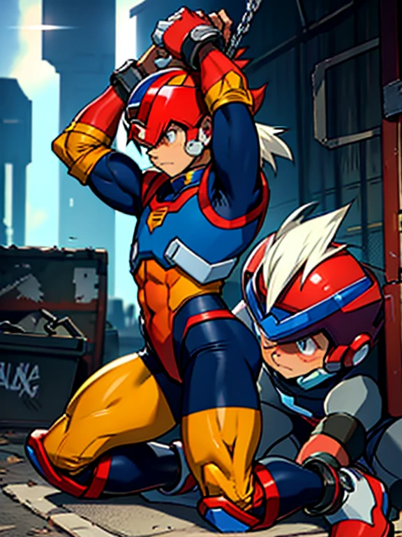 Axl(Mega Man X)　Axl　Boy in Tights 　 helmet 　Kneeling　 realistic skin　 Side View 　全身Boy in Tights 　 raises arms　Boy in spats 　 is chained