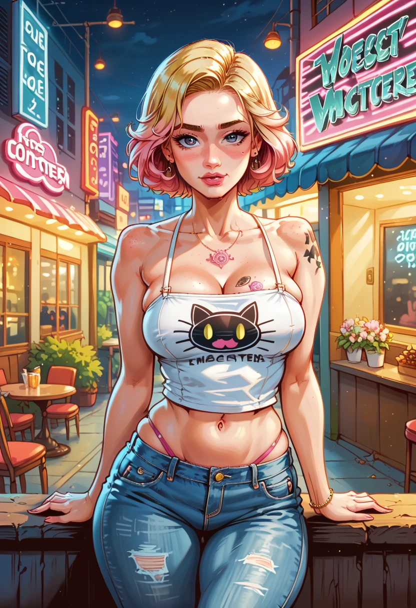  experience, In boho chic style, in a café, Ice cream print, multicolored neon lights,  neon garlands , pink hair, mixed language_SMS, Japanese graffiti , (beautiful and clear background:1.2),, fantastic paintings ,graphite style, highly detailed eyes ,  underwear , income, latex, blonde, cat print, tattoo, Loveoso, Love,  hair with ultra-fine details , masterpiece,  best quality ,  high quality,  high resolution image, detail enhancement, ((most beautiful image  in the world)), masterpiece,  best quality ,  high quality,  high resolution image, detail enhancement, ((most beautiful image  ),  Bright pink gradient hair ,  Print fitted ultra-short flowers , Rolos, knitted tights, shorts jeans curtos, art by stjepan sejic, arte de j scott campbell,  art by Guillem March , arte de citemer liu, 4K,  high resolution image,  comic book  book character,  comic book ,  high quality detalhado, style of ::2. Illustration style 0 Comix ,estilo tattoo,  high quality,  high resolution image, detail enhancement, 8k, HD,  best quality ,  high quality,  high resolution image, detail enhancement, 8k, HDR, Sharp Focus, Ultra Detailed,  Perfect lighting ,  curvy body ,  lush breasts ,  curvy hips 
