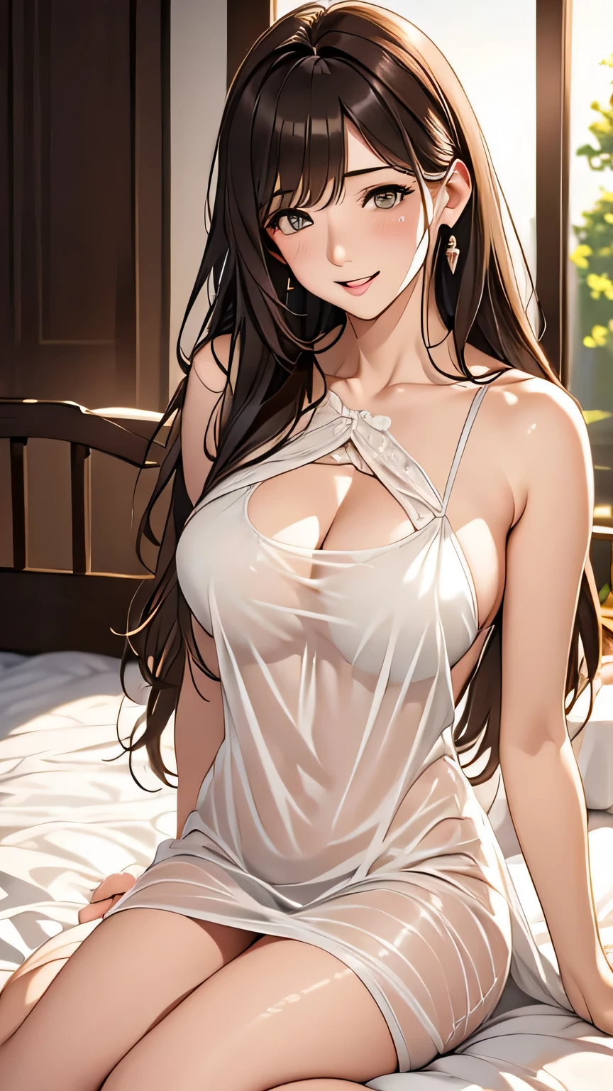  adult woman laughing、 tall、Adult face、Shy expression、blush、White nightgown、Half-open eyes、Dark brown hair、 Ultra High Definition、anime