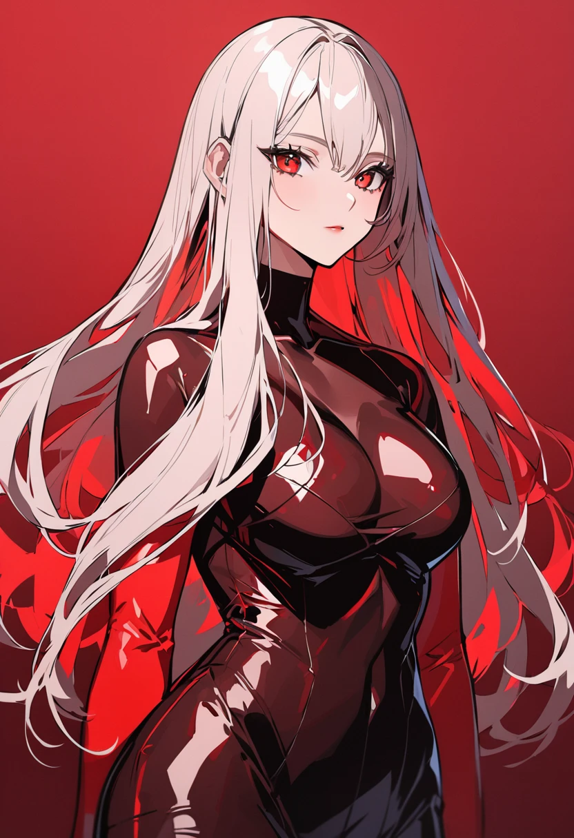 vampire moka akashiya, long hair, red eyes, ahoge, white hair, large breasts, latex bodysut, shiny clothes, skin tight、Light smile、Shiny Hair、Tight waist、Small waist、Glowing Skin、eight-headed body、Beauty、