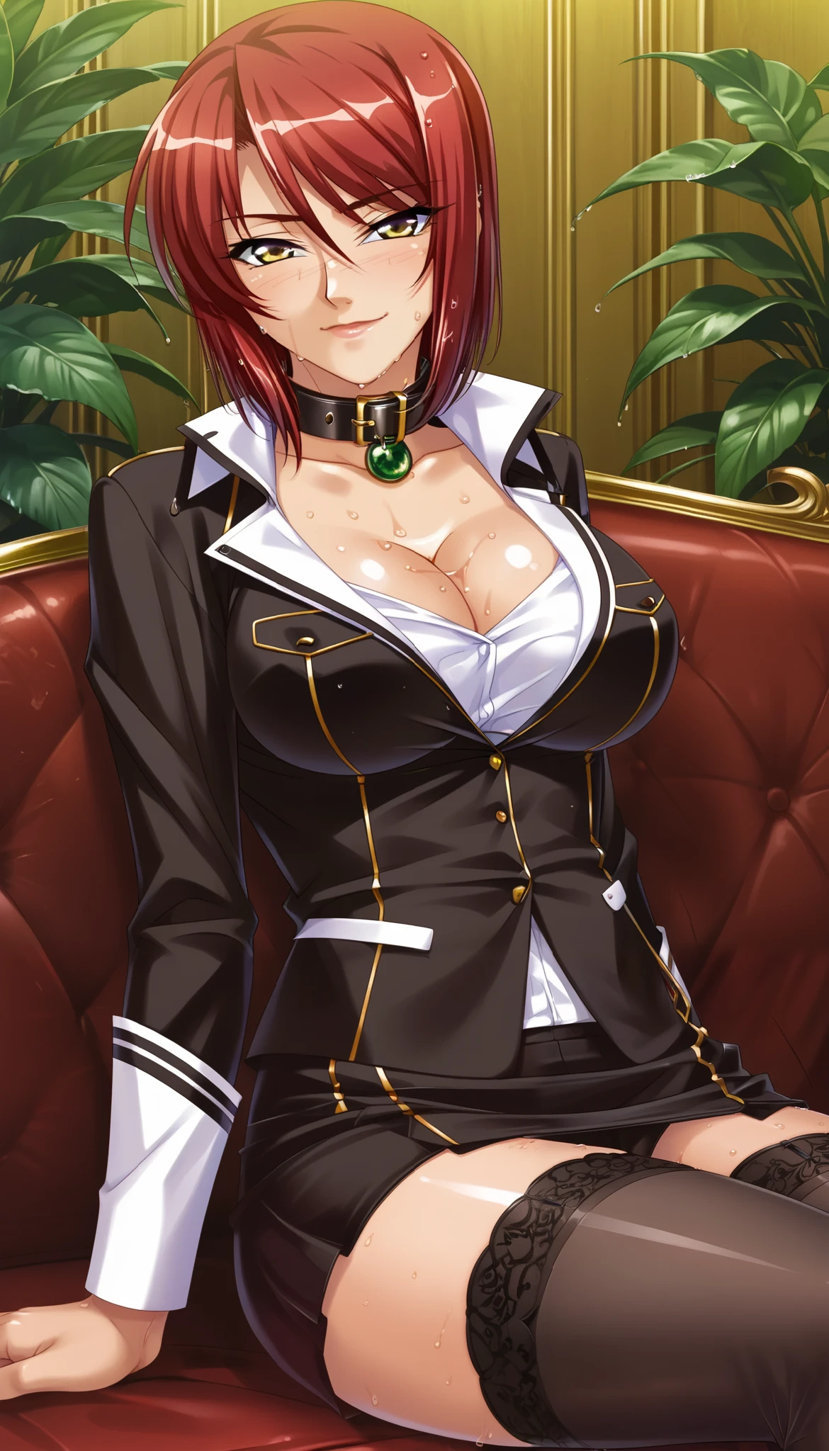 score_9,score_8_up,score_7_up,ultra detailed,absolutely resolution, 32k,masterpiece,best quality,ultra HD quality,detailed beautiful face and eyes, Kagami Hirotaka, beautiful girl,red hair,short hair,Smile,collar,wet between legs,Black Business suit,tight skirt,reclining,stockings crossed legs,large breast,cleavage,from pov,looking at viewer