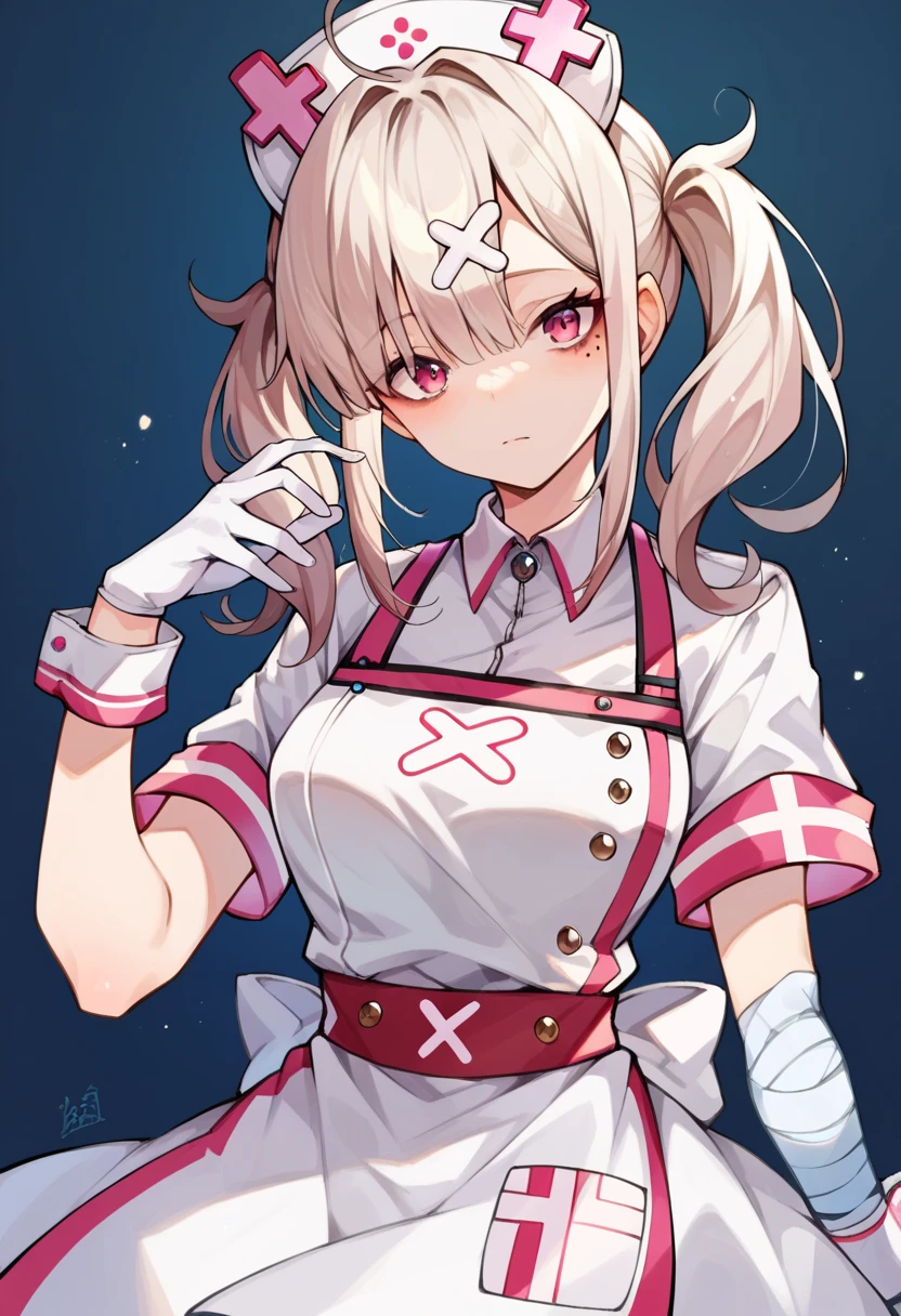 sukoya1st, ahoge, mole under eye, x hair ornament, nurse cap, bandaged arm, bandages, white apron, white wrist cuffs, white gloves, nurse dress