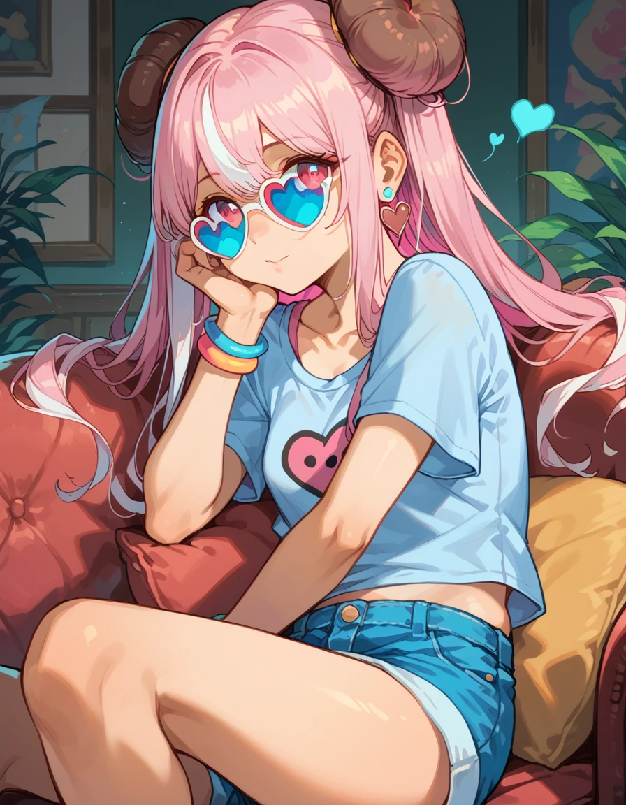  one with long pink hair and loose white locks ,  vibrant pink eyes and small breasts .  She wears a pink and blue costume ,  next to a blue heart earring ,  colorful bracelets and sunglasses with light purple lenses,  Her costume is cute and short ,  But provocative and inviting , shorts rosa/ shorts rosa, [blue blouse, sitting on the living room sofa , resting her face on her hand and her elbow on the couch .  She smiles annoyingly and maliciously .  PINK HAIR WITH WHITE HIGHLIGHTS . Detailed face, big and loose hair