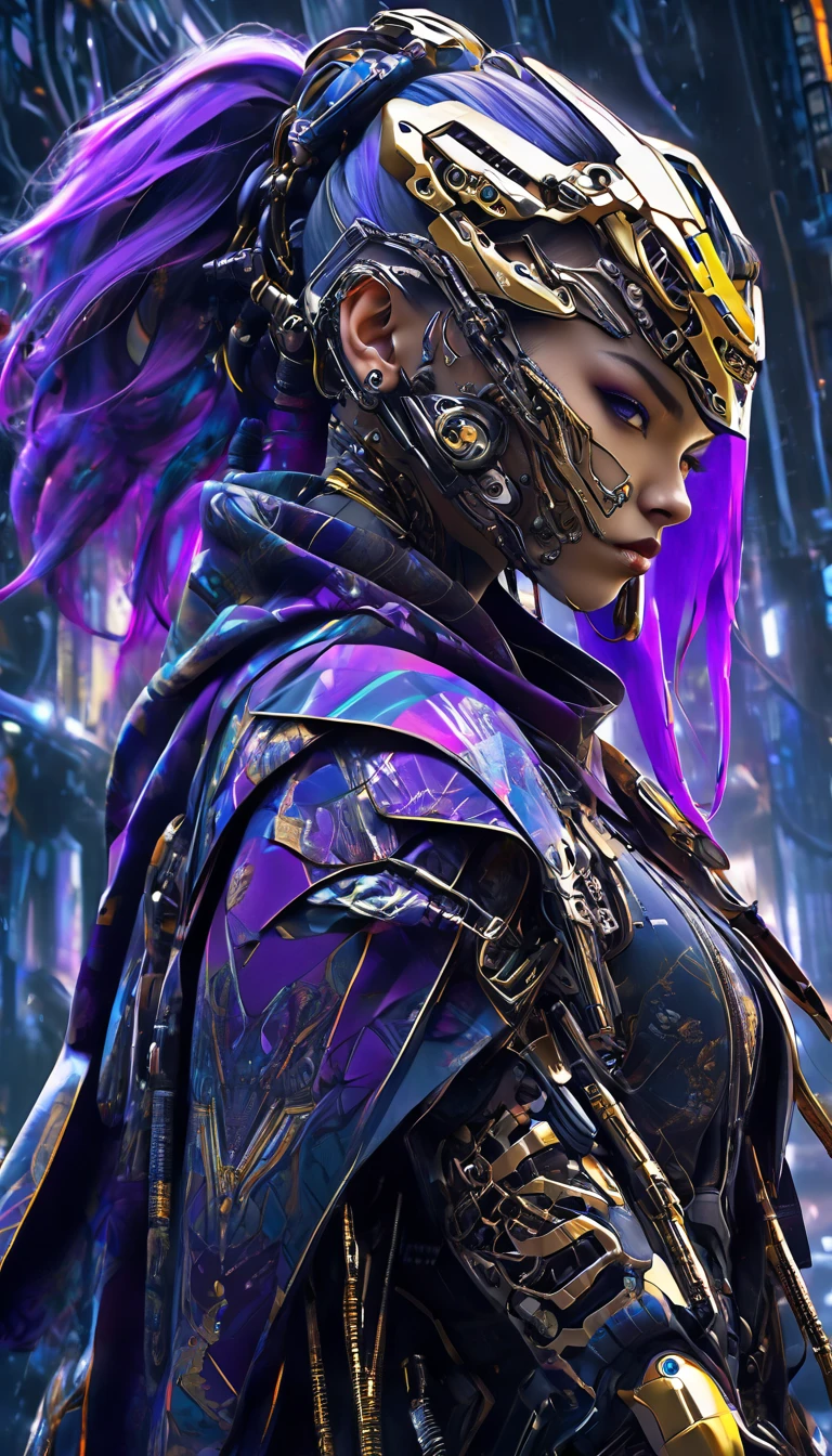 A cyberpunk-inspired character with a fierce expression and a heavily augmented face, showcasing complex cybernetic components. She wears a metal skeletal jaw mask covering the lower half of her face. Her hair is styled in a partially shaved pattern on one side, with the rest tied back in a high ponytail, adding to the edgy, futuristic vibe. Her outfit includes a purple cloak or draped garment over one shoulder, contrasting with the dark, armored clothing underneath. Her right hand is heavily modified, with visible circuitry, metallic fingers, and mechanical parts. The scene has a cold, muted color mood with a harsh, snowy atmosphere and high-contrast lighting, highlighting the metallic textures and details of her cybernetic enhancements.\(8k,wallpaper of extremely detailed CG unit, high resolution, top-quality, top-quality real texture skin, hyper realistic, increase the resolution, RAW photos, best quality, highly detailed, the wallpaper,golden ratio,high saturation realism, vibrant colors, dramatic lighting, persuasive storytelling, atmospheric scenery, captivating visuals, intricate details, strong emotions,dreamlike world\).