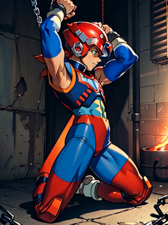 Axl(Mega Man X)　Axl　Boy in Tights 　 helmet 　Kneeling　 realistic skin　 Side View 　全身Boy in Tights 　 raises arms　Boy in spats 　 is chained