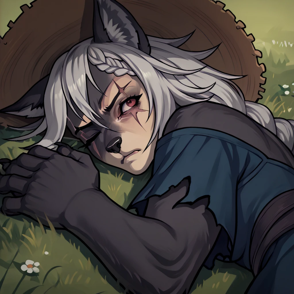 (zPDXL2), (PonyXLV6_Scores), source_anime, source_anthro, source_furry, Expressiveh, upper-body shot, asymmetric image, BREAK
lhata4564, female, laying on grass, (long braid haircut silver hair, detailed body), solo, (female wolf, shy, wolf girl, furry body, fluffy tail, grey and black fur, strong face, face scars), (five fingers, paws), (right eye closed, right eye damaged, right eye scar:1.5), (wolf ears, one ear), (sleeping), (summer dress and straw hat), park grass background