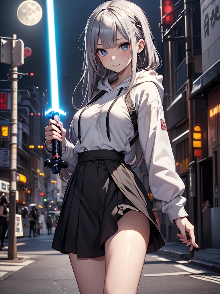 8k, Best Quality, The real picture,  complicated details, Very detailed,  ultra high resolution,  depth field , ( realistic, realistic),  table tops, (( full body shot)), ((( 1 girl))), ((( standing in a fighting position ))), (((Hold the lightsaber with both hands))), ((Fight with lightsaber)), eye_Chan,  so beautiful, innocent big eyes,  Beautiful Breasts , 非常に詳細なeye, ( Beautiful Breasts ), (( Silver Hair)), ( short semi-long hair standing on a street corner in Shibuya), Perfect Skin, Fair skin, (( small breasts)), Tight waist, Alone,  stares at viewers, (smile), ((Black long hoodie )), (((Mid-length skirt))), ((Standing in the desert on a full moon night))