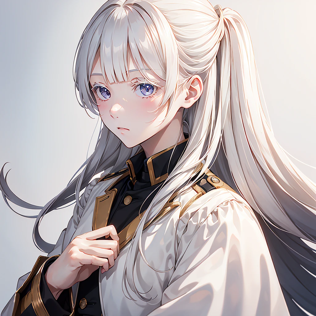 1girl,Handsome face、(((The best composition、Best Quality、 masterpiece、Super detailed、 high definition)))、Simple Background、Milky white hair color、 long straight hair 、 military uniform coat with extended sleeves、white long lashes 、