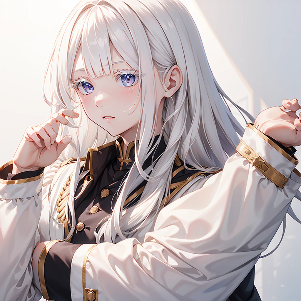 1girl,Handsome face、(((The best composition、Best Quality、 masterpiece、Super detailed、 high definition)))、Simple Background、Milky white hair color、 long straight hair 、 military uniform coat with extended sleeves、white long lashes 、