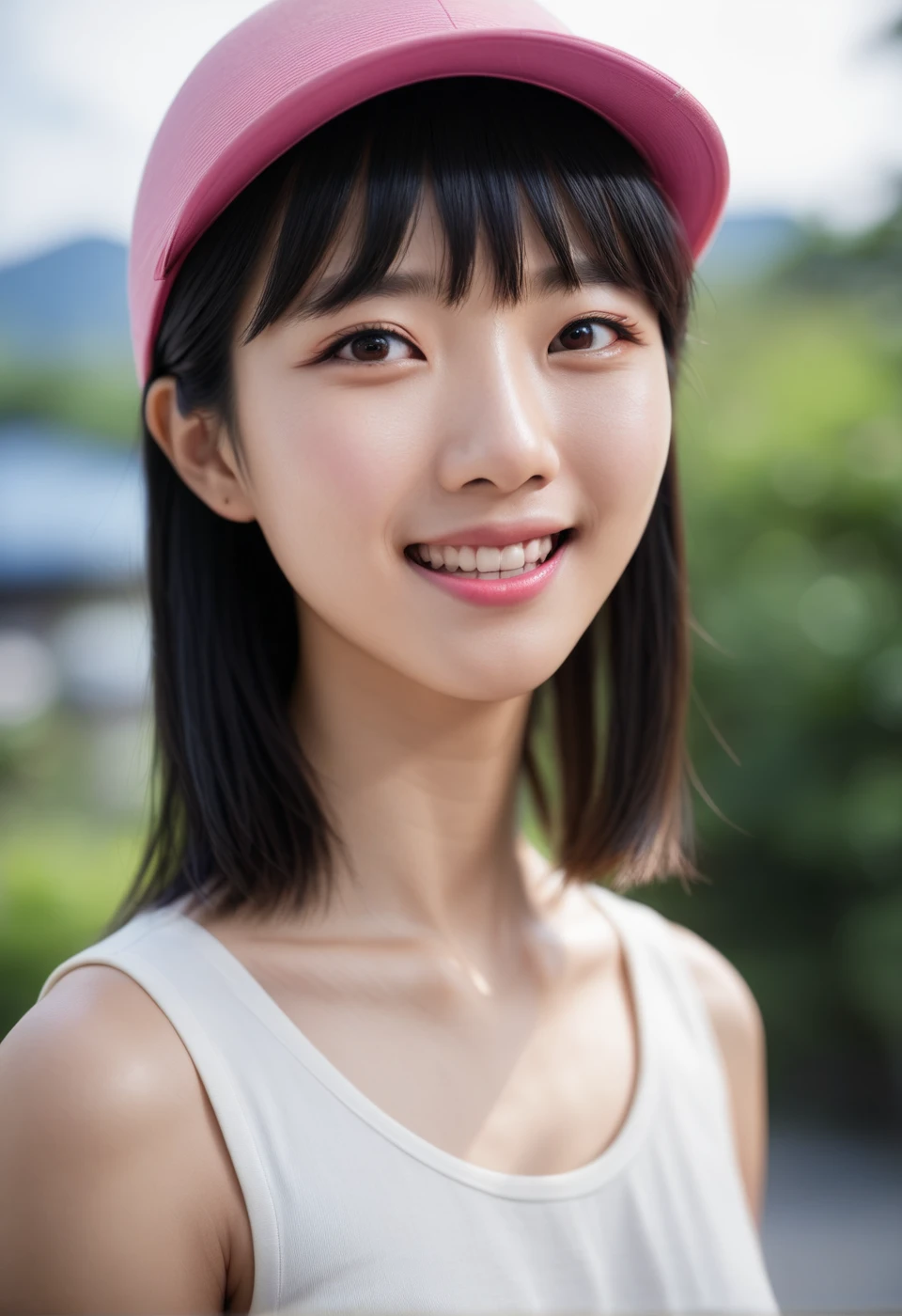  young Japanese woman 、One girl、Asian、bangs、Exposing shoulders、 dark eyes、Black Hair、blue sky、鈍いbangs、 is blurry、 blurry background、 blurry foreground 、 Brown Eyes 、Daytime、 depth of field、lips、Long Hair、 Seeing the Viewers 、 motion blur、nose、 is opening his mouth、Outdoor、lipsが開いている、Realistic、 PORTRAIT、 real、smile、One person、teeth　．Pink Hat 