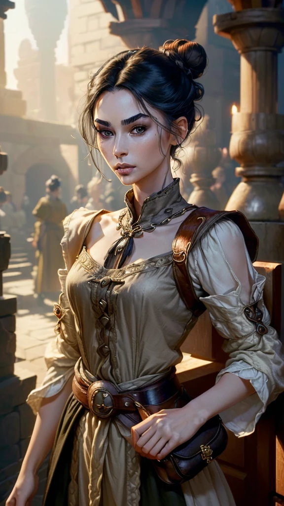 Uma mulher morena em um lago, Realistic, Charismatic, Muitos detalhes, Tema Fantasia Medieval, cabelos longos com franja, 25 anos, corpo inteiro, rosto da princesa, Fundo taverna, pernas cruzadas, corpo definido, red lips, Realismo, Cinematic lighting, de cima, super detalhe,