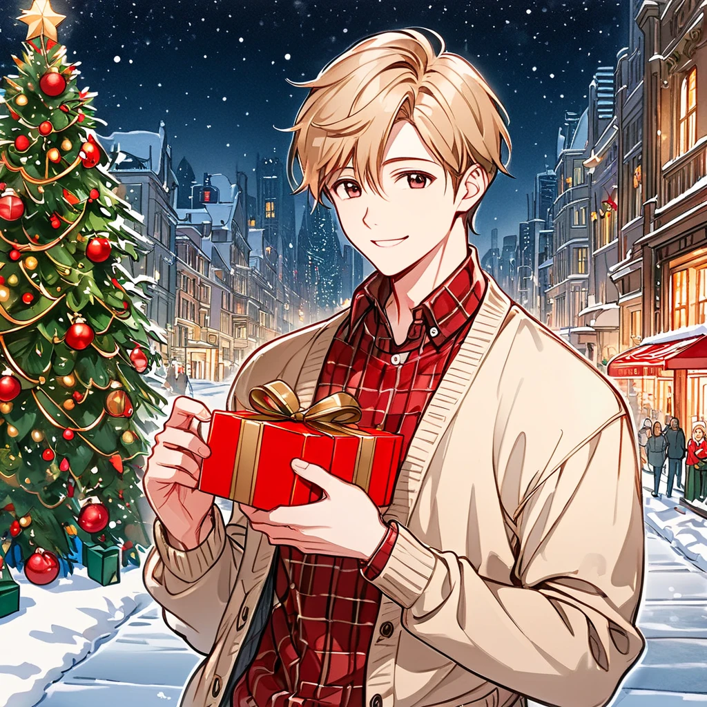 A snowy Christmas night with a blurred cityscape like New York in the background. Focusing on the bust-up of a young man standing in front of a decorated Christmas tree, wearing a beige cardigan, holding a red gift box, and smiling softly. The image captures him from the chest up, in detailed line art and transparent watercolor style, with a warm, festive atmosphere of a Western Christmas.without a hat.no hat.