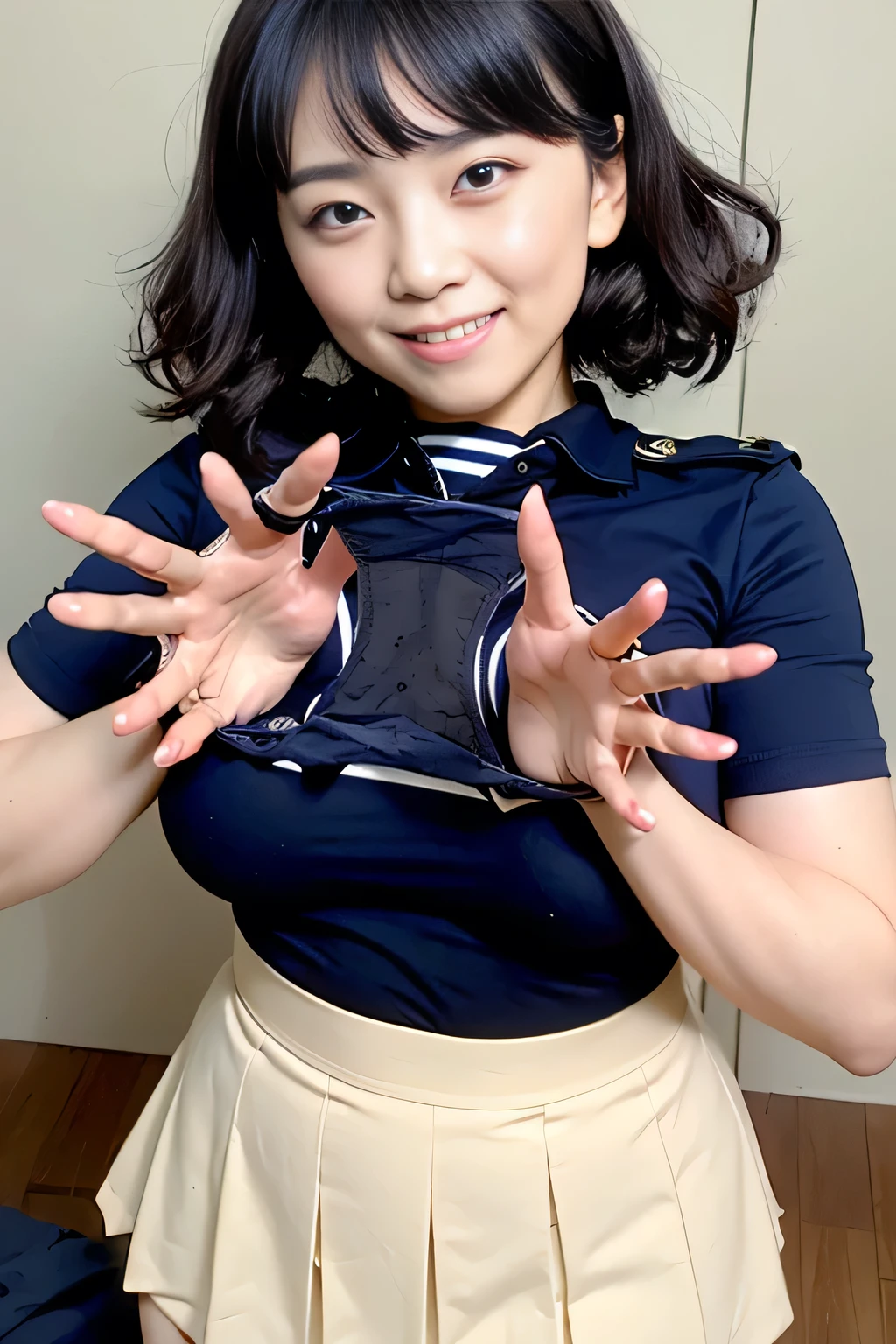 (Best Quality,8k, Hi-Res:1.2),( Beautiful Realistic Asian :1.6)、( cute Japanese girl :1.4),(Big Breasts:1.25),(glamorous body),( school uniform,Seraph, navy blue pleated skirt ,Sailor collar, white shirt:1.2)、Professional、(((Navy blue panties that have just been taken off )))((( hold your own navy blue panties with both hands )))(Show me the realistic stains on the crotch of navy blue panties in an upload:1.5)))