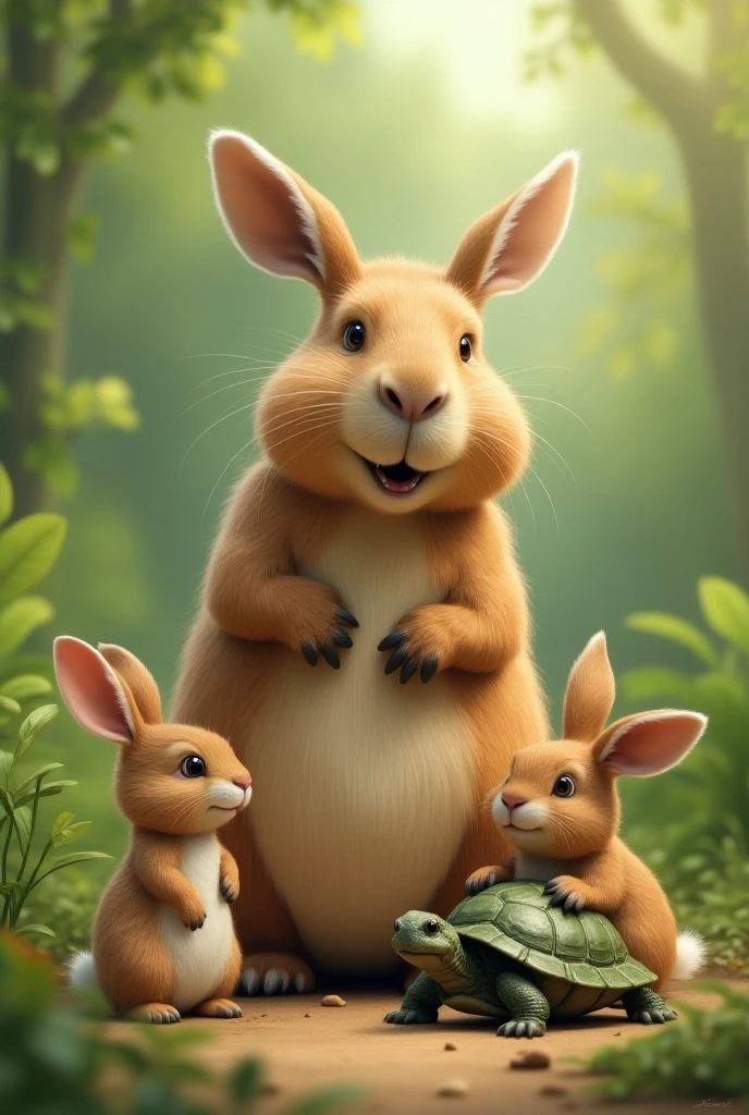 Cute rabbit family, in the forest, gathered around for dinner --auto --s2