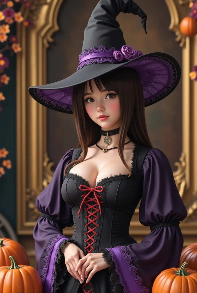 busty and sexy girl, 8k, masterpiece, ultra-realistic, best quality, high resolution, high definition, halloween, witch dress, witch hat, pumpkins, Victorian fashion, Rococo fashion, black corset with red ribbon lacing, purple lace details on the sleeves, Puffed sleeves, ornate flower frame background, historical vibe, historical fashion with fantasy elements,lolita
