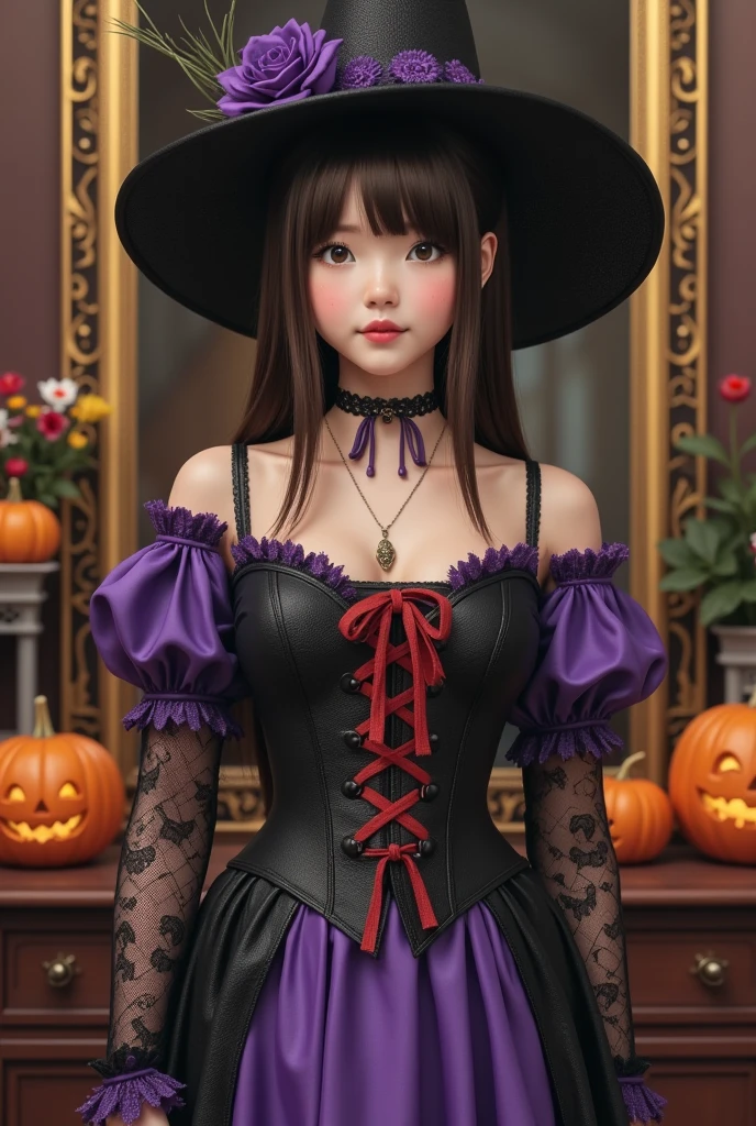 busty and sexy girl, 8k, masterpiece, ultra-realistic, best quality, high resolution, high definition, halloween, witch dress, witch hat, pumpkins, Victorian fashion, Rococo fashion, black corset with red ribbon lacing, purple lace details on the sleeves, Puffed sleeves, ornate flower frame background, historical vibe, historical fashion with fantasy elements,ta
