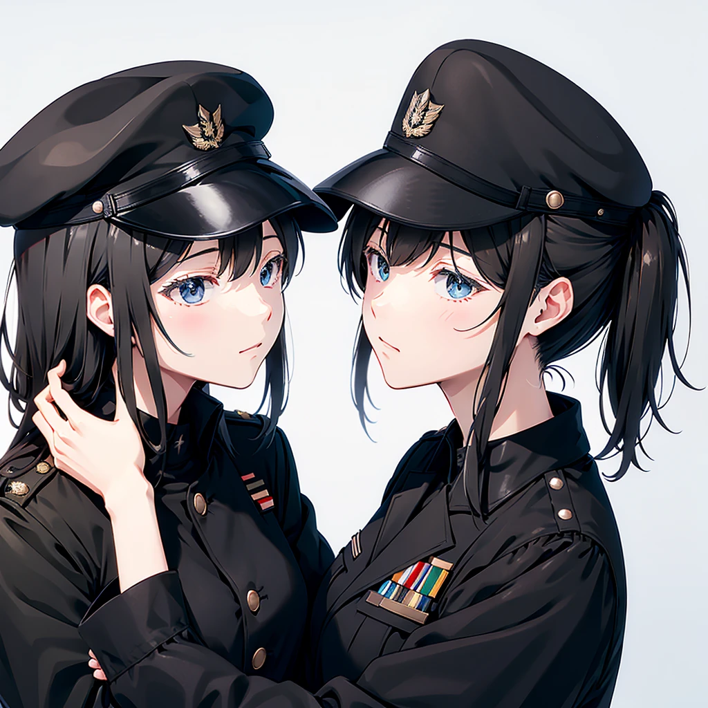 2 girls、 {{Master peace}}, short wavy hair, navy hair, black cat ear, Blue eyes,military outfit、embracing each other、{{Master peace}}, {{{maximum quality}}}, {{ultra- detailed}}, {{illustration}}, short hair,Purple eyes,Black hair,military outfit、embracing each other、Battlefield Background、