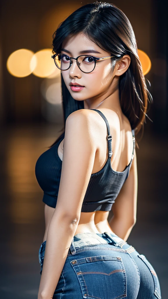 a cute young asian girl with dark skin, glasses, beautiful detailed eyes, beautiful detailed lips, extremely detailed face, long eyelashes, tight blue jeans, tight crop top, mid sized butt, high heels, looking at camera, detailed background, cinematic lighting, warm colors, photorealistic, 8k, high quality, digital art