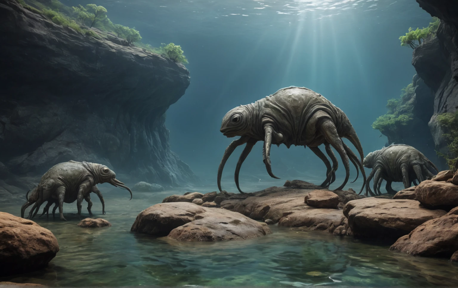  Unidentified creatures on the rocks。Keep the background realistic .。Unusual alien creatures at the watering hole. 