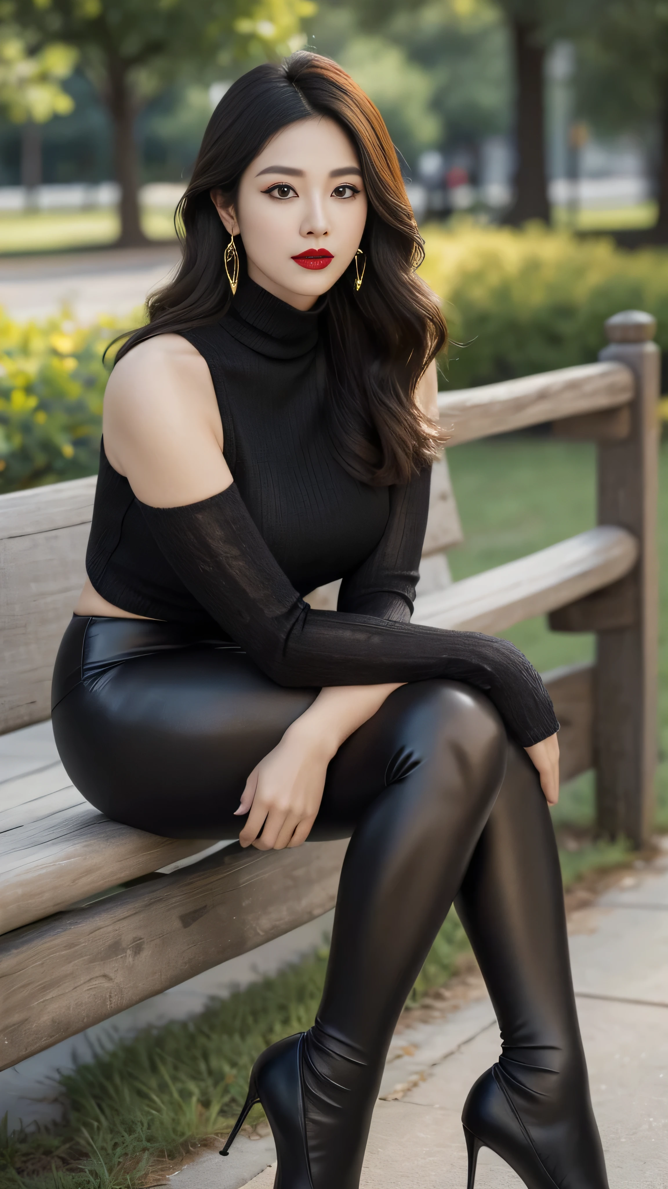 Chinese Mature Women ,((( full-body photo ))), Park Background, thigh, cosmetic, (Lipstick: 1.1), (Eyeliner: 1.2), Mascara, Eyeshadow, Outdoor Activities, earrings, necklace,(( brown and black reflective leggings)Socks)) , Wrinkles around the corners of the eyes, Mouth lines, Turtleneck, full-body photo 片, 35 years old, big eyes, Elegant temperament, (masterpiece: 1.2, best quality), actual, (Reality, 45 years old, Intricate details , Depth of Field, Turtleneck clothes), careful, Very detailed content, this is a perfect face , perfect figure , Large Model, Mature Women , 8K, best quality, masterpiece, Ultra High Resolution , (actual的: 1.4), original photo, Stay focused, Rich Details , dramatic, delicate beauty, Long curly hair, dynamic angle , (Red lips), Beautiful graphics , High heel