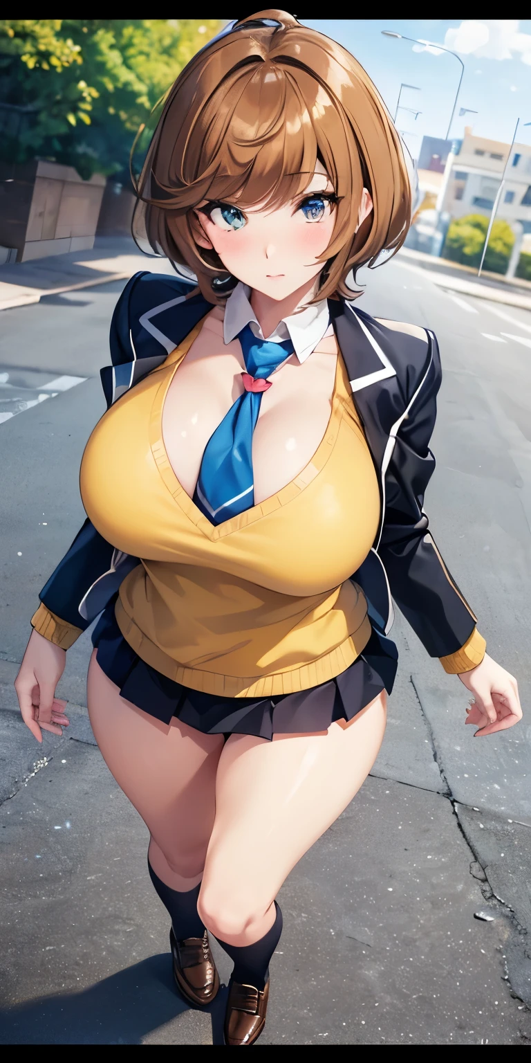 1 Female,High definition,high resolution,Ultra-realistic,8K, hmza, short hair, antenna hair, brown eyes, school uniform,( blue necktie), (yellow shirt),(black jacket), long sleeves, black skirt,tight skirt , miniskirt ,brown shoes,large breasts,European,sexy,Upper body close-up,Photographed from the front,Dynamic Angles,blush, big tits ,(top view),(full body) , perfect face,cute face,perfect face,cute face,ultra high definition, detailed face,8k,(black lace panties),(show panties)