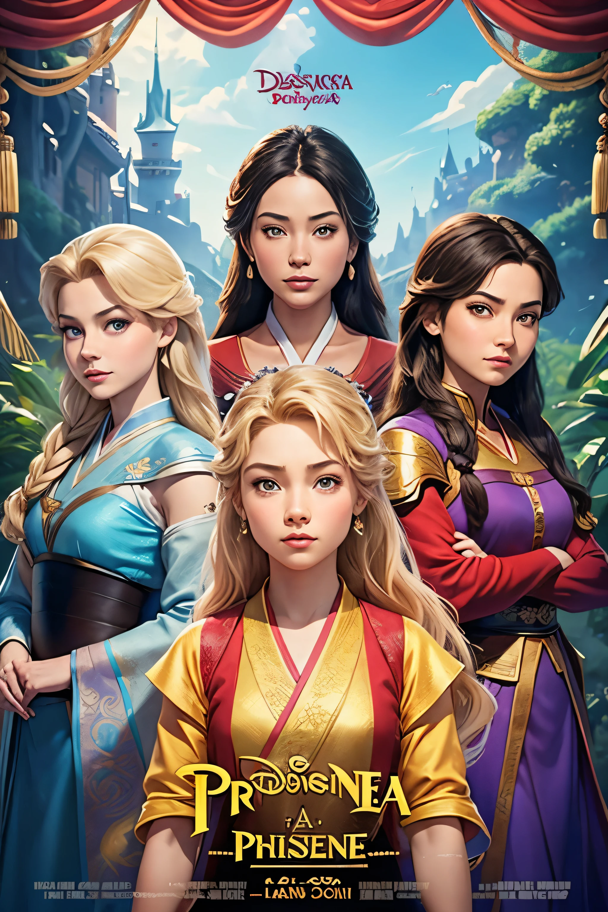 Make a movie poster, theater poster four princesses in Disney style. High quality, DIRECTION, DISNEY. Four characters in full growth. Mulan. Jasmine. Elsa. Rapunzel. Slavic faces, as similar as possible to Disney cartoons. Clothes as in the Disney cartoon