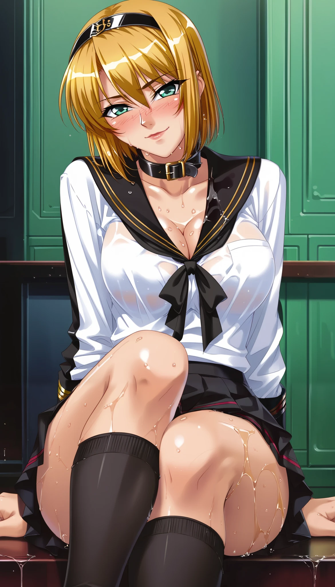 score_9,score_8_up,score_7_up,ultra detailed,absolutely resolution, 32k,masterpiece,best quality,ultra HD quality,detailed beautiful face and eyes, Kagami Hirotaka, beautiful girl,blonde hair,short hair, blush,Smile,collar,wet between legs, Black sailor uniform,Black long sleeve,skirt,Black knee high socks, crossed legs,large breast,cleavage,from pov,looking at viewer