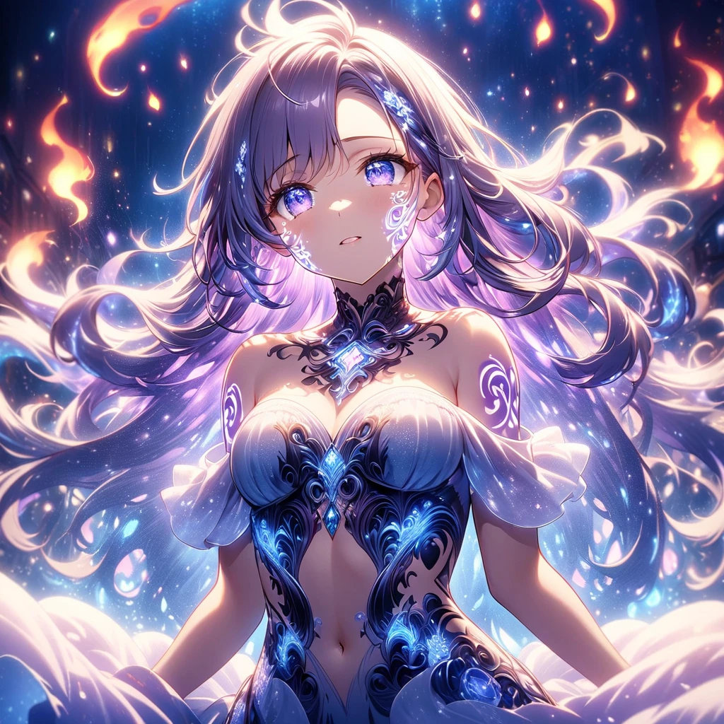  close up of face 、 Artistic anime illustration of a woman with glowing flame tentacle tattoos on her face。  The tattoo on her face is a mix of purple and dark .、It emits light 。  The girl has a long ,  flowing hair.、 she is wearing a white , off-the-shoulder,  tummy fluttering dress .、 This scene has a dreamy soft-focus effect .、  It accentuates the fantastic shine of the tattoo .、