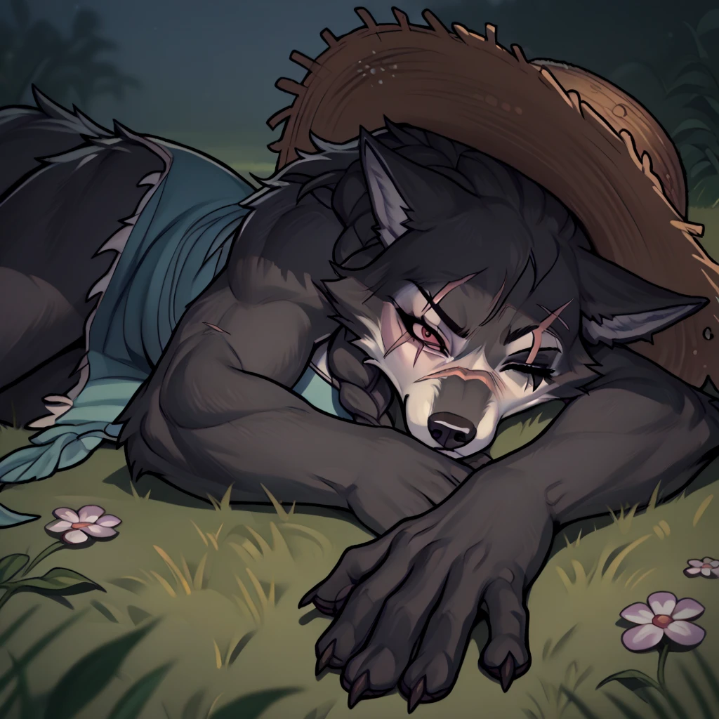 (zPDXL2), (PonyXLV6_Scores), source_anime, source_anthro, source_furry, Expressiveh, asymmetric image, BREAK
lhata4564, female, laying on grass, (long braid haircut silver hair, detailed body), solo, full-body shot, (female wolf, shy, wolf girl, furry body, fluffy tail, grey and black fur, strong face, face scars), (five fingers, paws), (right eye closed, right eye damaged, right eye scar:1.5), (wolf ears, one ear), (sleeping), (summer dress and straw hat), park grass background