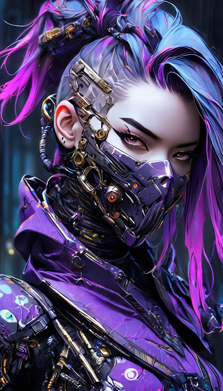 Close-up,upper body shot portrait of a cyberpunk-inspired character with a fierce expression and a heavily augmented face, showcasing complex cybernetic components. She wears a metal skeletal jaw mask covering the lower half of her face. Her hair is styled in a partially shaved pattern on one side, with the rest tied back in a high ponytail, adding to the edgy, futuristic vibe. Her outfit includes a purple cloak or draped garment over one shoulder, contrasting with the dark, armored clothing underneath. Her right hand is heavily modified, with visible circuitry, metallic fingers, and mechanical parts. The scene has a cold, muted color mood with a harsh, snowy atmosphere and high-contrast lighting, highlighting the metallic textures and details of her cybernetic enhancements