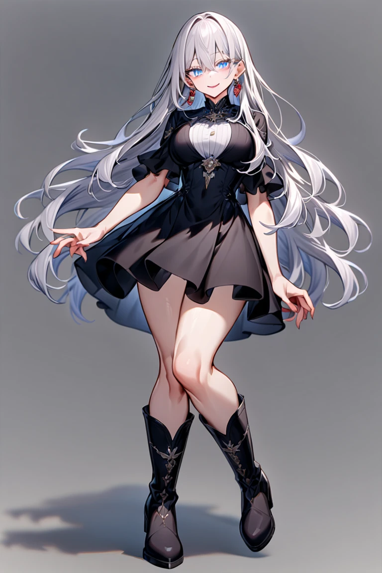 detailed,score_9, score_8_up, score_7_up, score_6_up, score_5_up, score_4_up, BREAK,Center-parted bangs,long hair,Gray Hair,Eyes closed,Double teeth,shiny skin,very big breasts,breasts apart,Heavy breathing,((独奏)),((1girl)),choker,corset,Long sleeve,((inner)),slit longskirt,boots