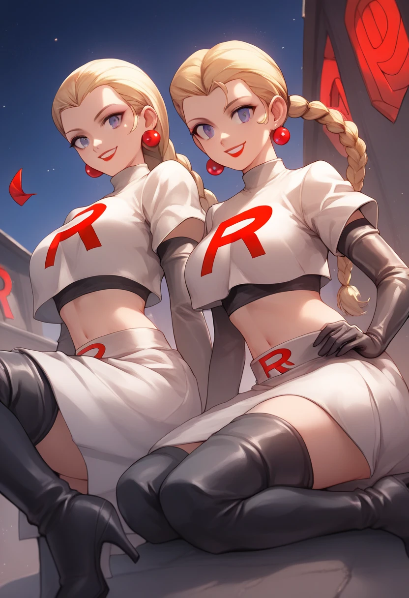 Team rocket, team rocket uniform, red letter R, white skirt,white crop top,black thigh-high boots, black elbow gloves, evil smile, night sky background, earrings, large breasts, high-heeled boots, 2 girls, Caroline P5, Justine P5