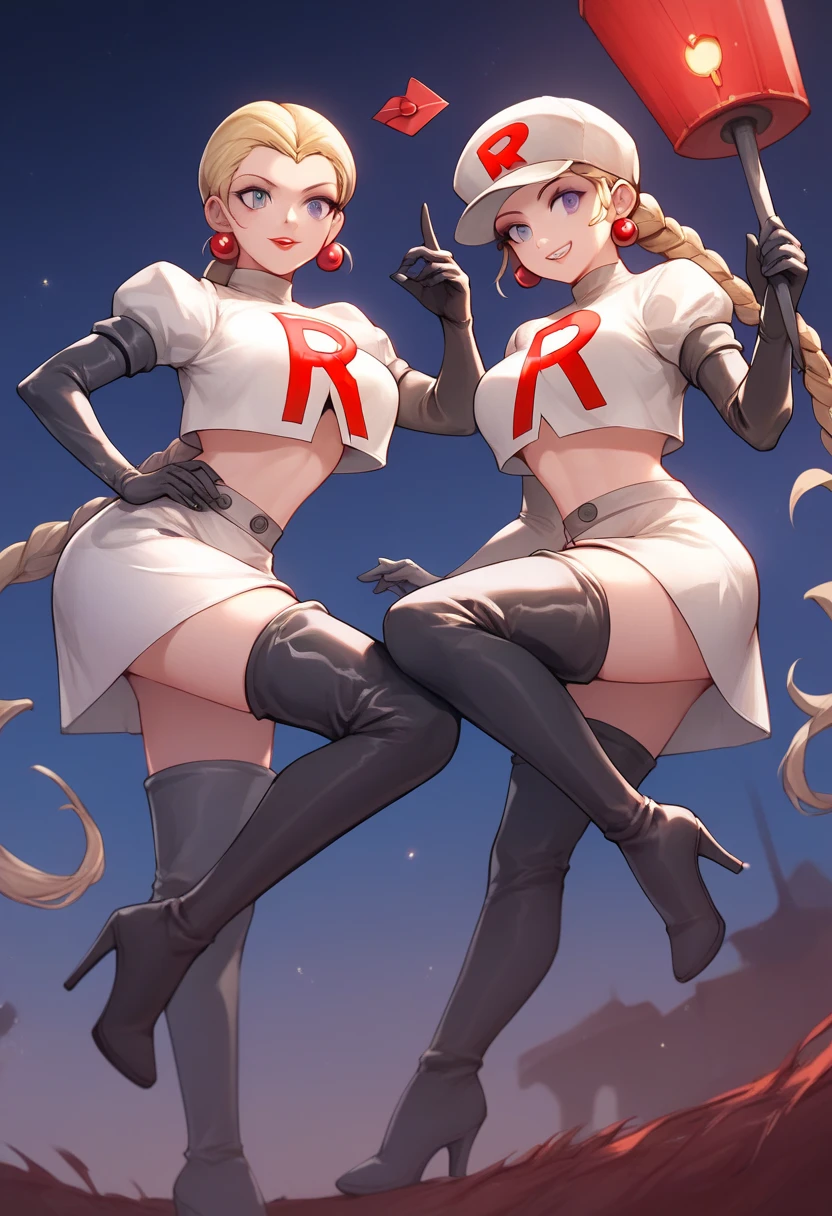 Team rocket, team rocket uniform, red letter R, white skirt,white crop top,black thigh-high boots, black elbow gloves, evil smile, night sky background, earrings, large breasts, high-heeled boots, 2 girls, Caroline P5, Justine P5