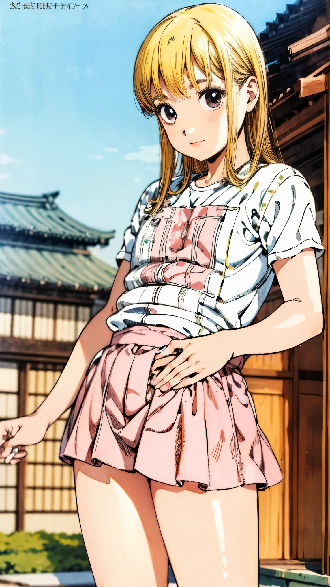 (masterpiece, best quality), high resolution picture of a Japanese trans-woman, intricate details, extremely detailed, sharp focus, portrait, solo, 1futa, futanari, otokonoko, (slender, flat chest:1.2), (t-shirt, miniskirt), standing, outdoors, 