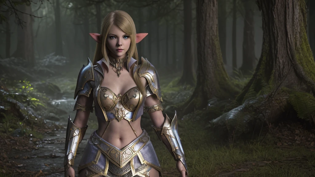  best quality , female elf, ((knight's armor)), ((well toned)), Enchanted Forest, bright sword, fantastic art,  face vibrant colors,  High resolution. Singer Taylor Swift's detailed face with blue eyes.