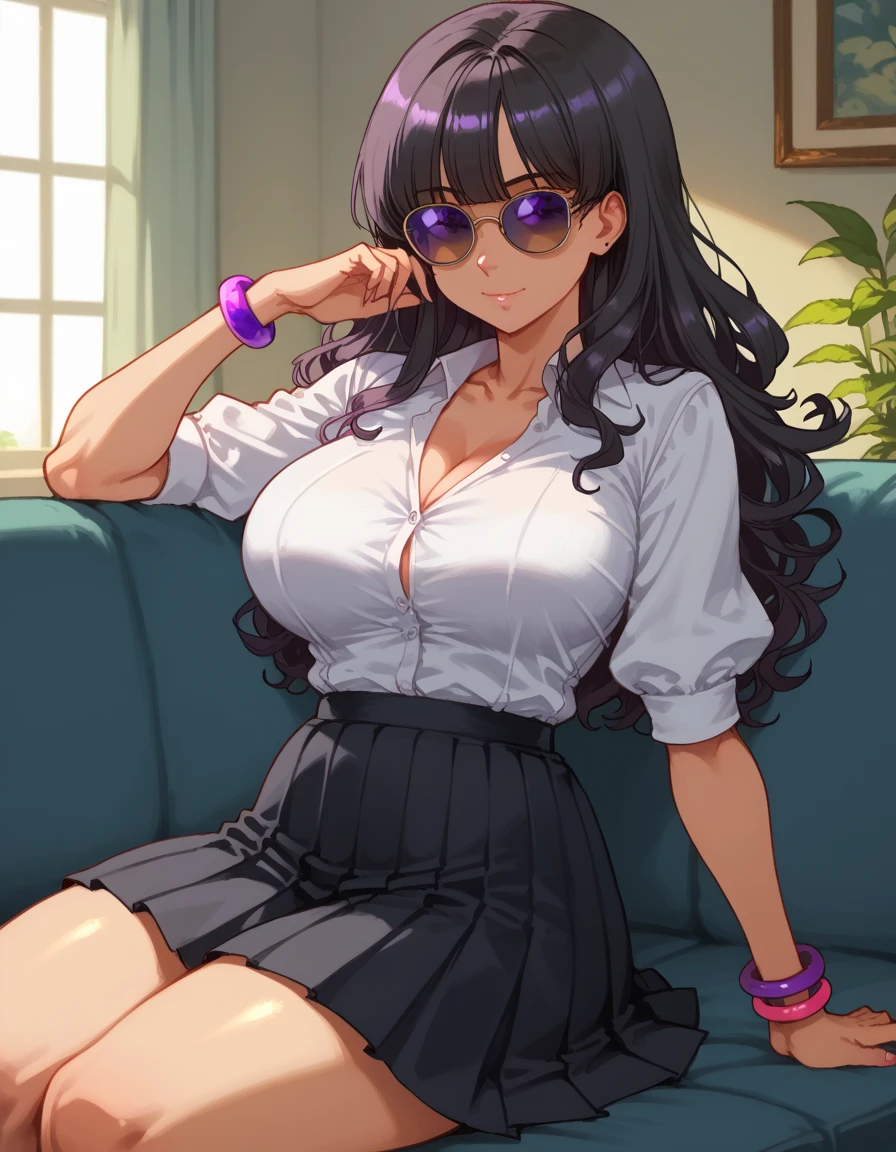 a Latin girl  , with long black hair ,  vibrant brown eyes and large breasts .  She wears a student costume ( white blouse and short black pleated skirt above the thigh ),  colored bracelets and sunglasses with clear purple lenses,  Her costume is cute and short ,  But provocative and inviting , sitting on the living room sofa ,  resting her face on her hand and her elbow on the couch .  She smiles annoyingly and maliciously . Detailed face, big and loose hair, best quality ,  high quality,  High resolution, detail enhancement, 8k, hdR, Sharp Focus, Ultra Detailed,  Perfect lighting ,  curvy body ,  lush breasts ,  curvy hips 