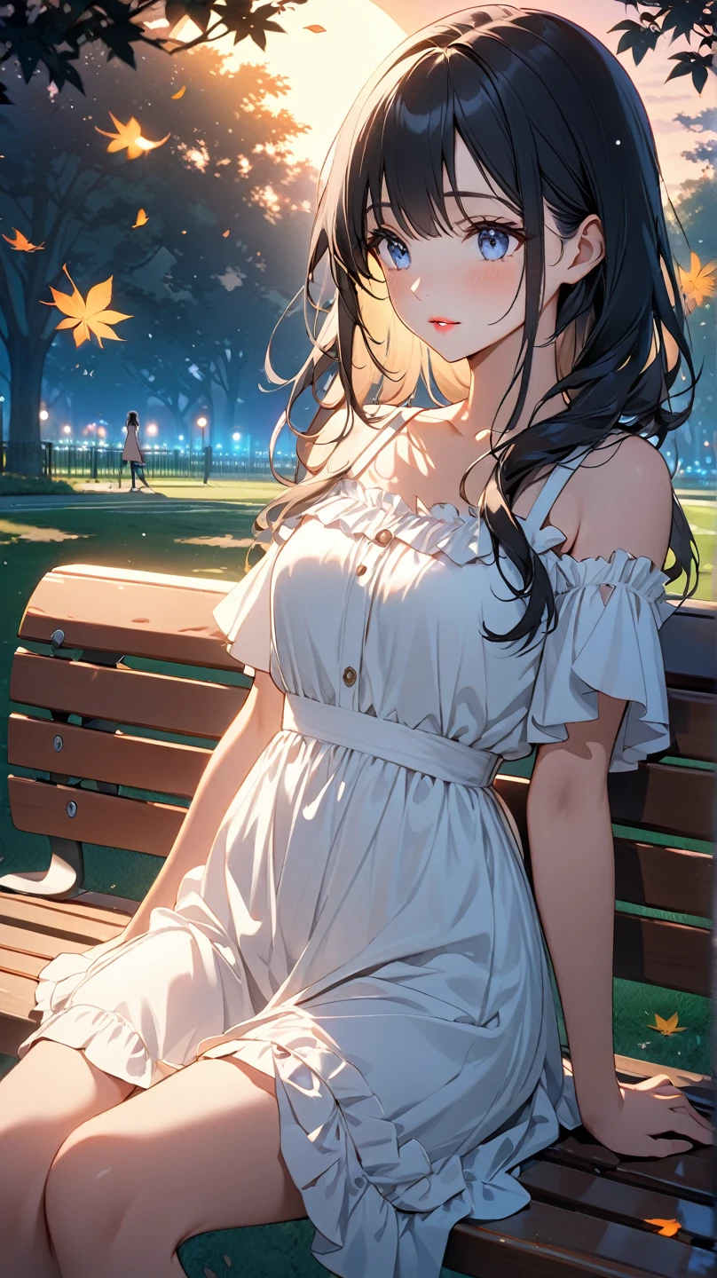 (masterpiece), (best quality), ultra high res, sharp focus, warm pastel tone, ((1 woman, solo)), full body, back profile shot, beautiful detailed hair, chestnut brown hair, long hair tumbles down, beautiful detailed face, green eyes, comfortable face, perfect feminine face, look away, (look at the beautiful night:1.2), in the meadow of lily flowers, sitting on the ground