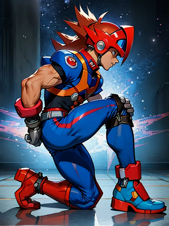 Axl(Mega Man X)　Axl　Boy in Tights 　 helmet 　Kneeling　 realistic skin　 Side View 　全身Boy in Tights 　 raises arms　Boy in spats 　 is chained　 are in estrus