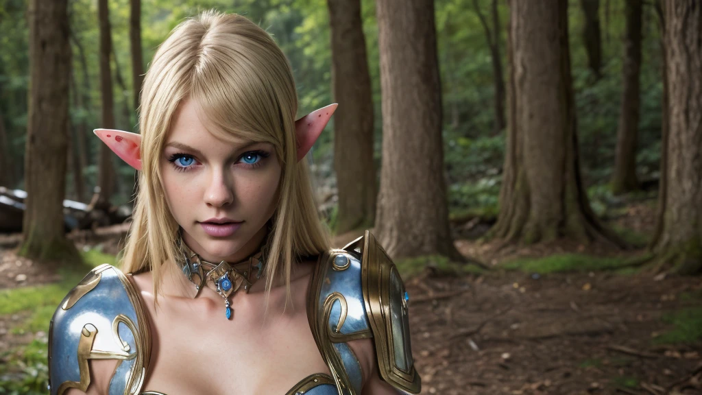  best quality , female elf, ((knight's armor)), ((well toned)), Enchanted Forest, bright sword, fantastic art,  face vibrant colors,  High resolution. Singer Taylor Swift's detailed face with blue eyes.