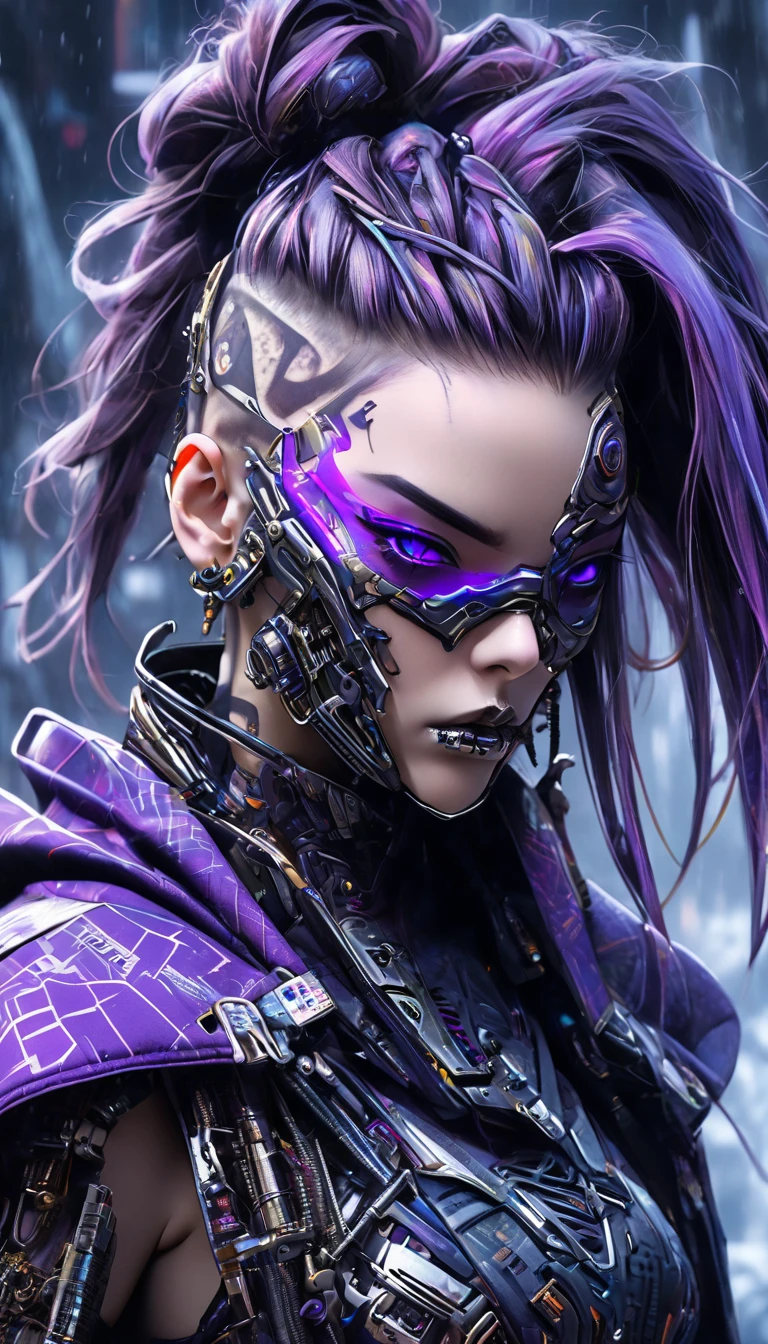 Close-up,upper body shot portrait of a cyberpunk-inspired character with a fierce expression and a heavily augmented face, showcasing complex cybernetic components. She wears a metal skeletal jaw mask covering the lower half of her face. Her hair is styled in a partially shaved pattern on one side, with the rest tied back in a high ponytail, adding to the edgy, futuristic vibe. Her outfit includes a purple cloak or draped garment over one shoulder, contrasting with the dark, armored clothing underneath. Her right hand is heavily modified, with visible circuitry, metallic fingers, and mechanical parts. The scene has a cold, muted color mood with a harsh, snowy atmosphere and high-contrast lighting, highlighting the metallic textures and details of her cybernetic enhancements