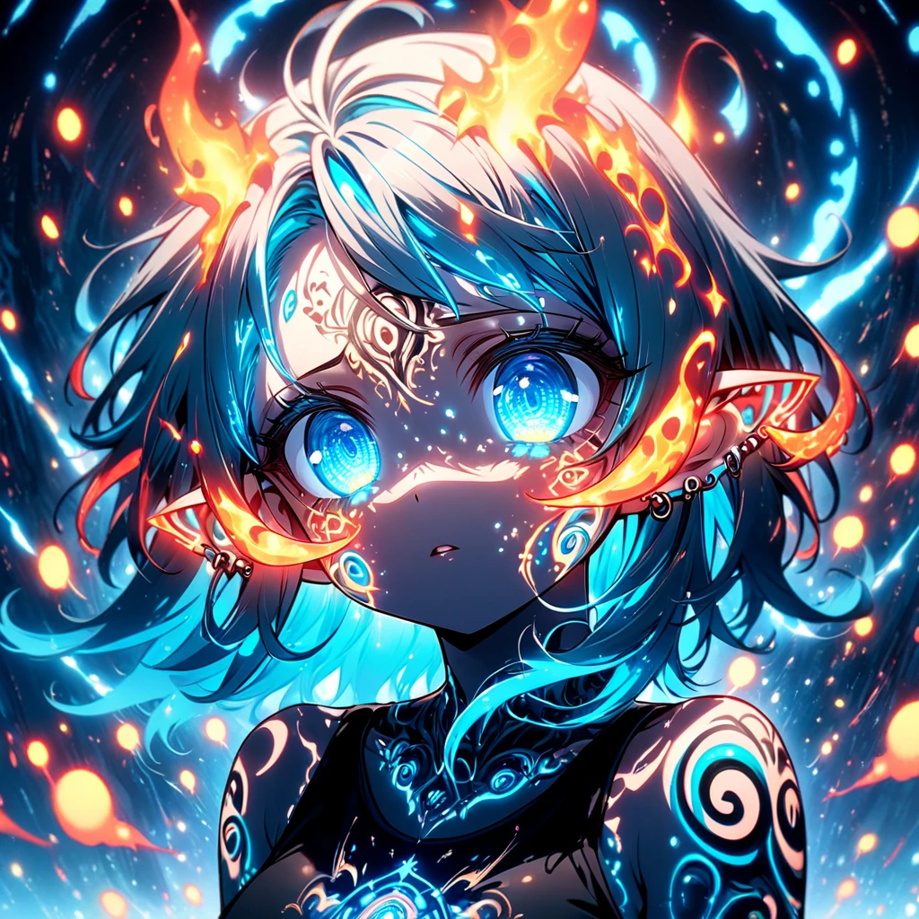  close up of face 、 Artistic anime illustration of a woman with glowing flame tentacle tattoos on her face。  The tattoo on her face is a mix of turquoise and dark.、It emits light 。  The girl has short turquoise hair .、 she is wearing a black tank top . Piercings on the ears 、 This scene has a gloomy effect .、  It accentuates the fantastic shine of the tattoo .、