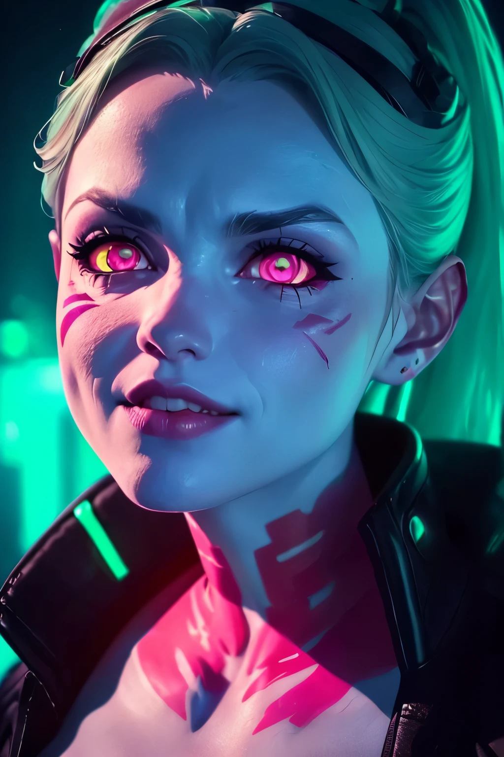 (((Close-up face))). Rebecca in cyberpunk City, in Dynamic pose, neck tattoo , neon cyberpunk Background. Best quality, master piece, detailed, (detailed face:1.6), intricate, realistic, 4K. (((Cinematic neon lighting))).