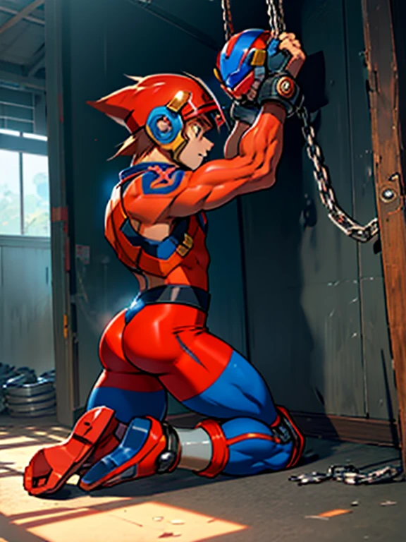 Axl(Mega Man X)　Axl　Boy in Tights 　 helmet 　Kneeling　 realistic skin　 Side View 　全身Boy in Tights 　 raises arms　Boy in spats 　 is chained　 are in estrus