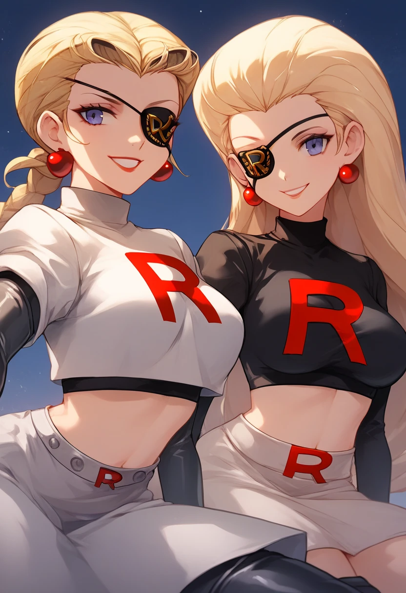 Team rocket, team rocket uniform, red letter R, white skirt,white crop top,black thigh-high boots, black elbow gloves, evil smile, night sky background, earrings, large breasts, high-heeled boots, 2 girls, Caroline P5, Justine P5, eyepatch, blonde hair