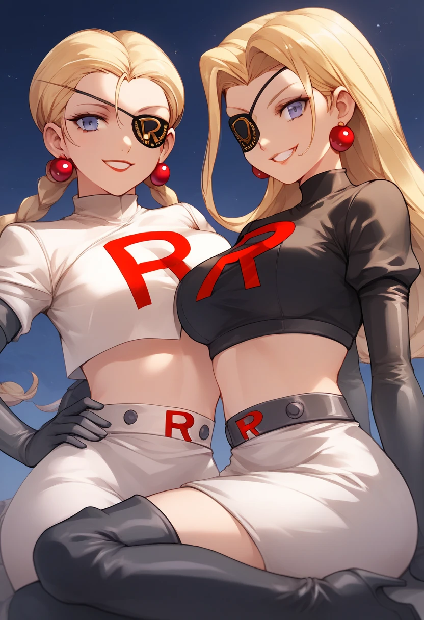 Team rocket, team rocket uniform, red letter R, white skirt,white crop top,black thigh-high boots, black elbow gloves, evil smile, night sky background, earrings, large breasts, high-heeled boots, 2 girls, Caroline P5, Justine P5, eyepatch, blonde hair